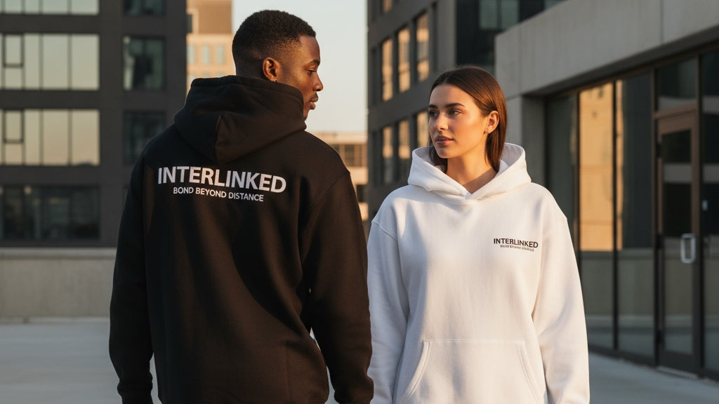 Zwei Personen tragen Interlinked-Kapuzenpullover in einer städtischen Umgebung