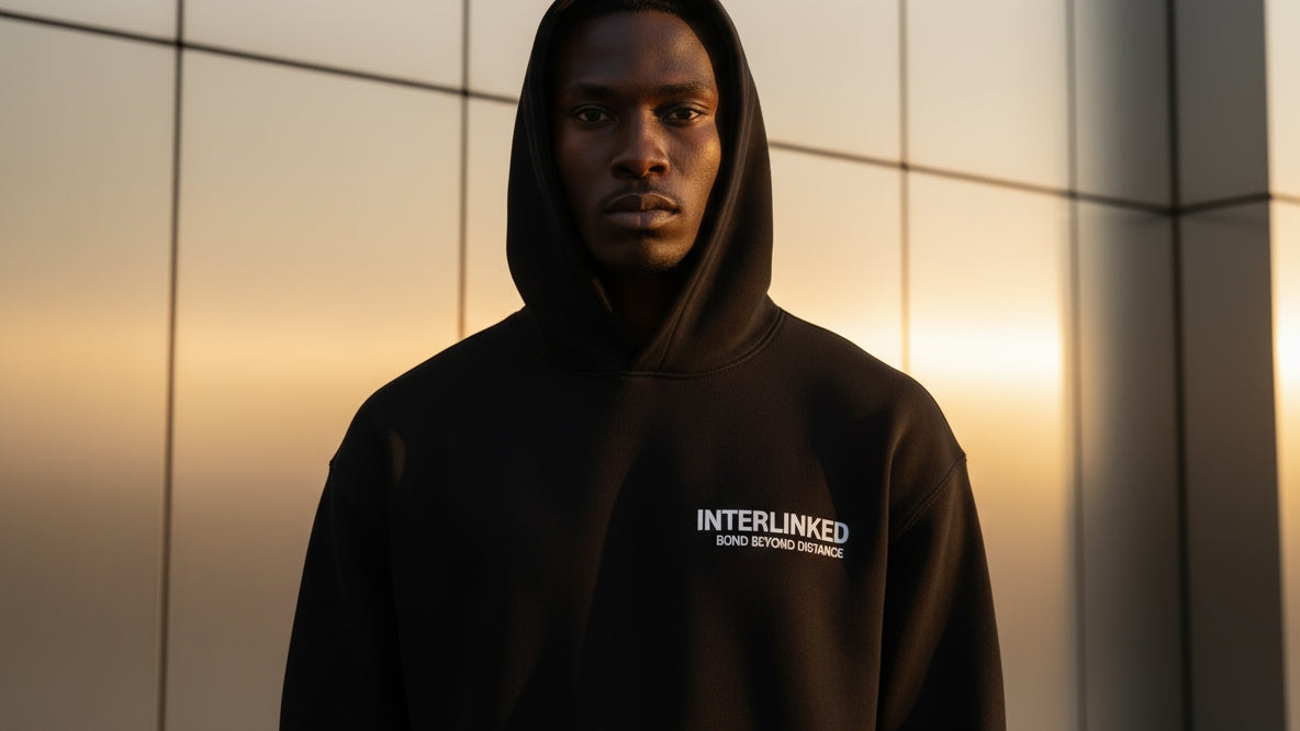 Person, die einen schwarzen Kapuzenpulli mit 'Interlinked'-Logo trägt, vor einer gekachelten Wand.